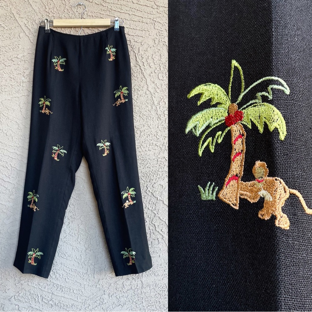 VINTAGE NICOLE STUDIO Black Linen Jungle Palm Tree Monkey Embroidered Pants 4/6
